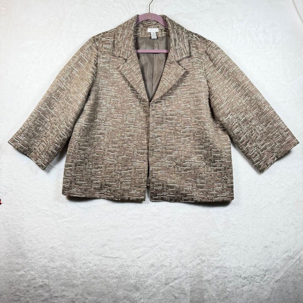 Chico's Size 3 Blazer Jacket Metallic Gold Taupe Textured 3/4 Sleeve